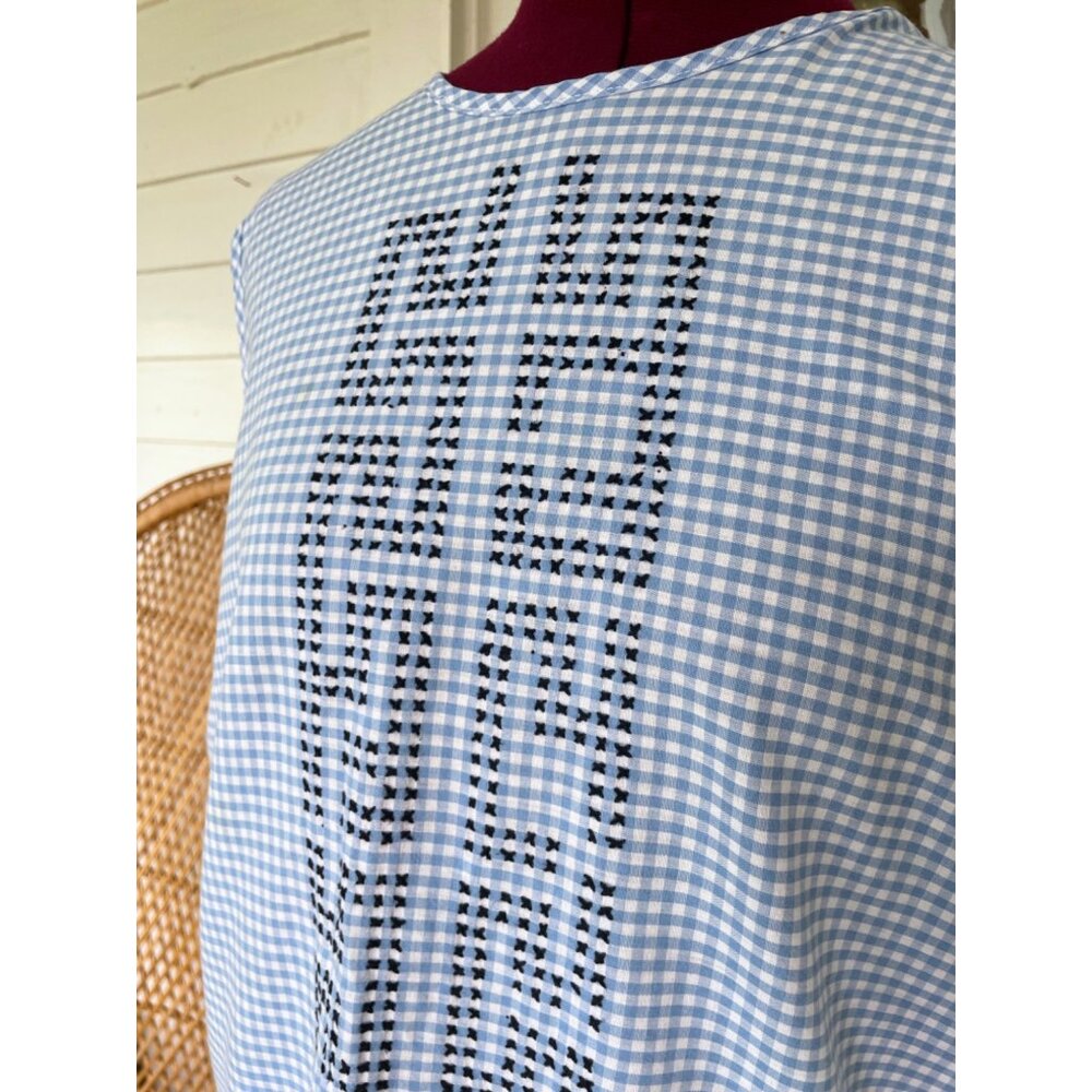 Vintage 1960s Blue White Gingham Checked Embroidered Cotton House Dress L/M - Picture 9 of 16